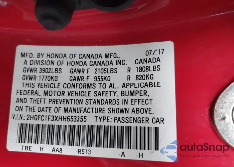 2017 Honda Civic Ex-T from USA, damaged, VIN 2HGFC1F3XHH653355